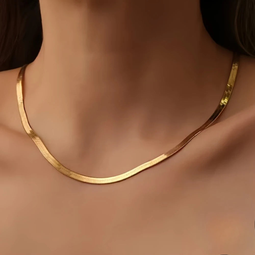 Minimalist Flat Snake Bone Chain Necklace, Adjustable Gold Stainless Steel, Tarnish-Resistant, Stackable