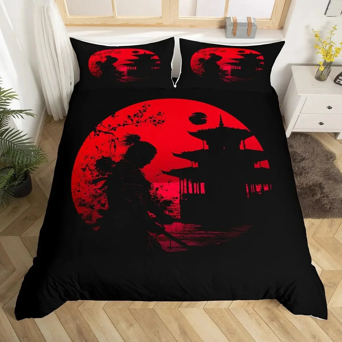 Japanese Samurai Duvet Cover Set 3-Piece - Cherry Blossoms Red Sun & Mount Fuji Print - Multiple Sizes (Twin/Full/Queen/King)