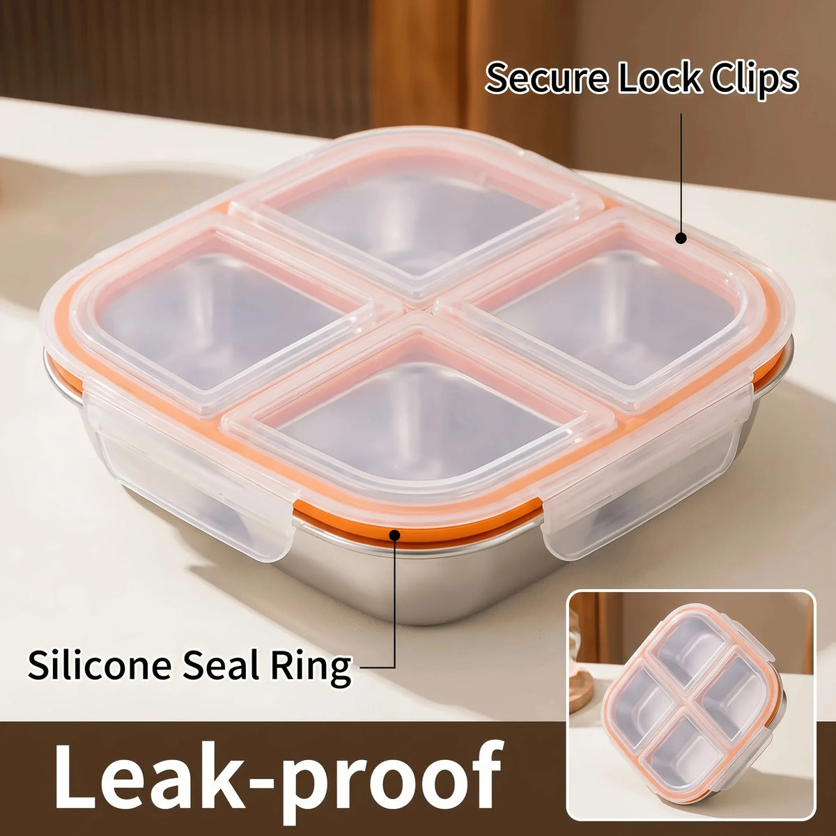 2/3/4-Compartment Stainless Steel Divided Lunch Box with Lid - Reusable Snack Container for School Office Camping Travel