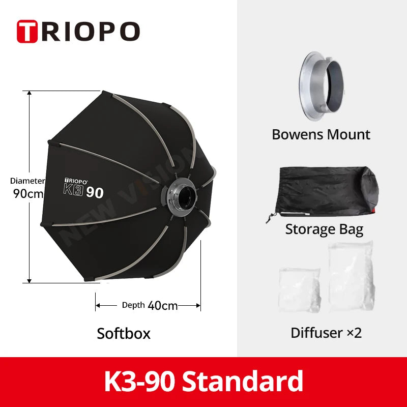 Quick-Setup Octagon Softbox with Bowens Mount — 55/65/90/120cm (21.7/25.6/35.4/47.2 in) for Studio LED Video Lights