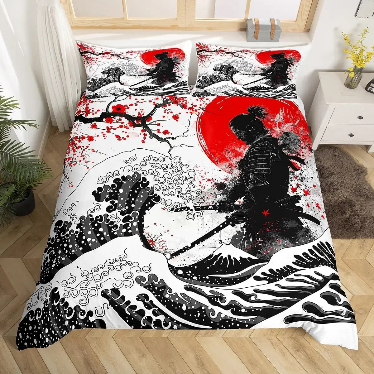 Japanese Samurai Duvet Cover Set 3-Piece - Cherry Blossoms Red Sun & Mount Fuji Print - Multiple Sizes (Twin/Full/Queen/King)