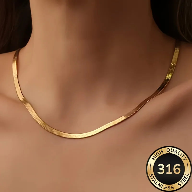 Minimalist Flat Snake Bone Chain Necklace, Adjustable Gold Stainless Steel, Tarnish-Resistant, Stackable