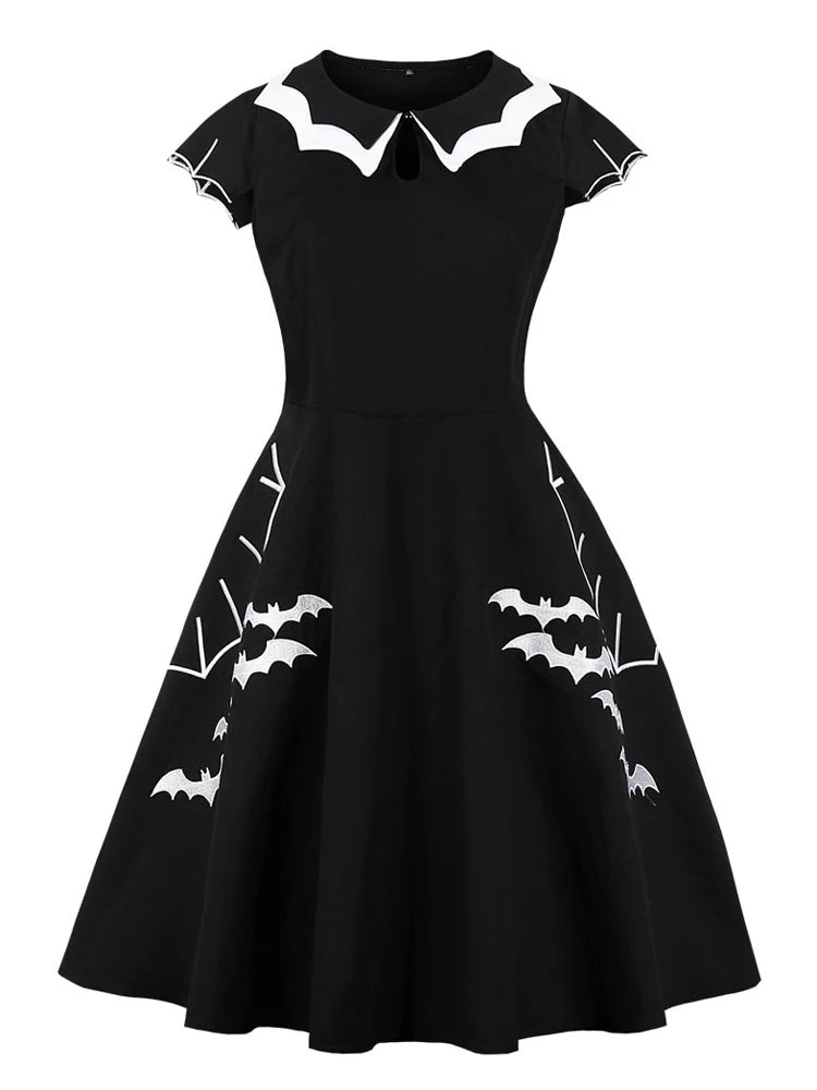 Bat Embroidered Halloween Party Vintage A-Line Dress for Women Cap Sleeve Keyhole Front