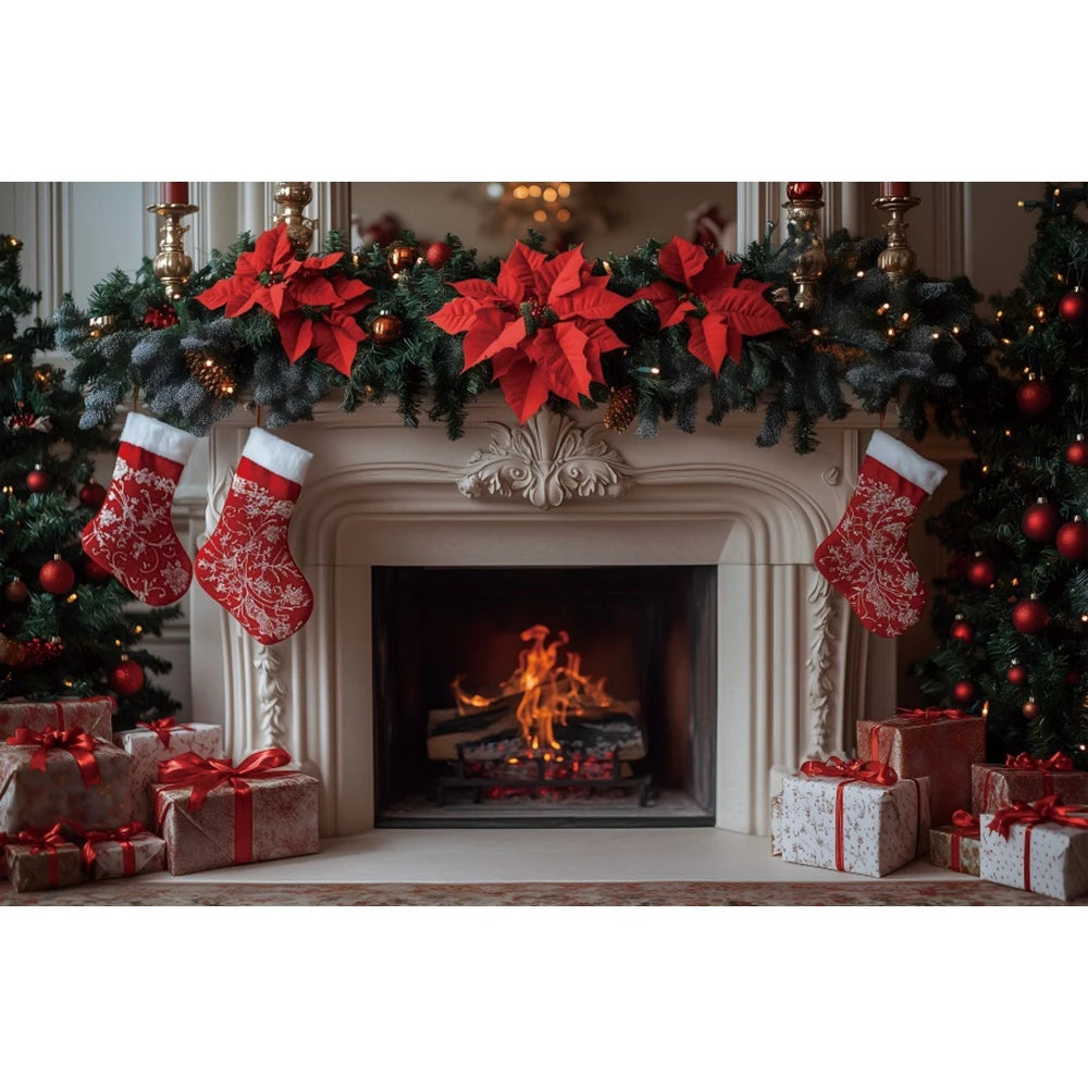 Christmas Photography Backdrop - Red Curtain & Window Scene with Snowy Bear and Gifts for Kids & Family Portraits