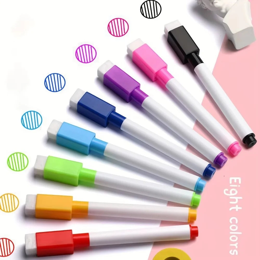 8-Pack Erasable Whiteboard Markers with Eraser – Kid-Safe Dry Erase Pens for Kids, Home & School