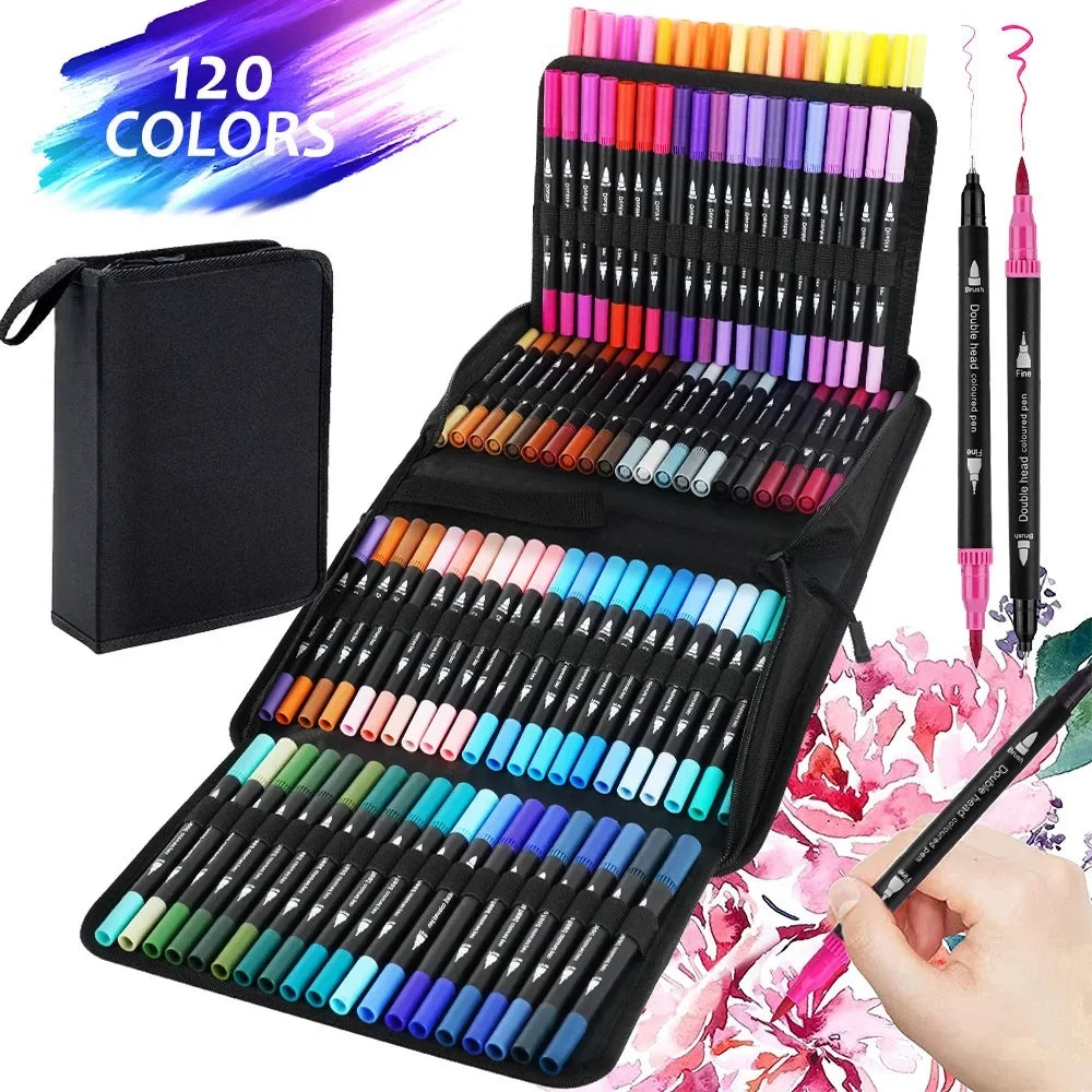Watercolor Brush Pens Dual-Tip Fineliner Art Marker Set — Available in 12, 24, 60, 72, 100 and 120 Colors