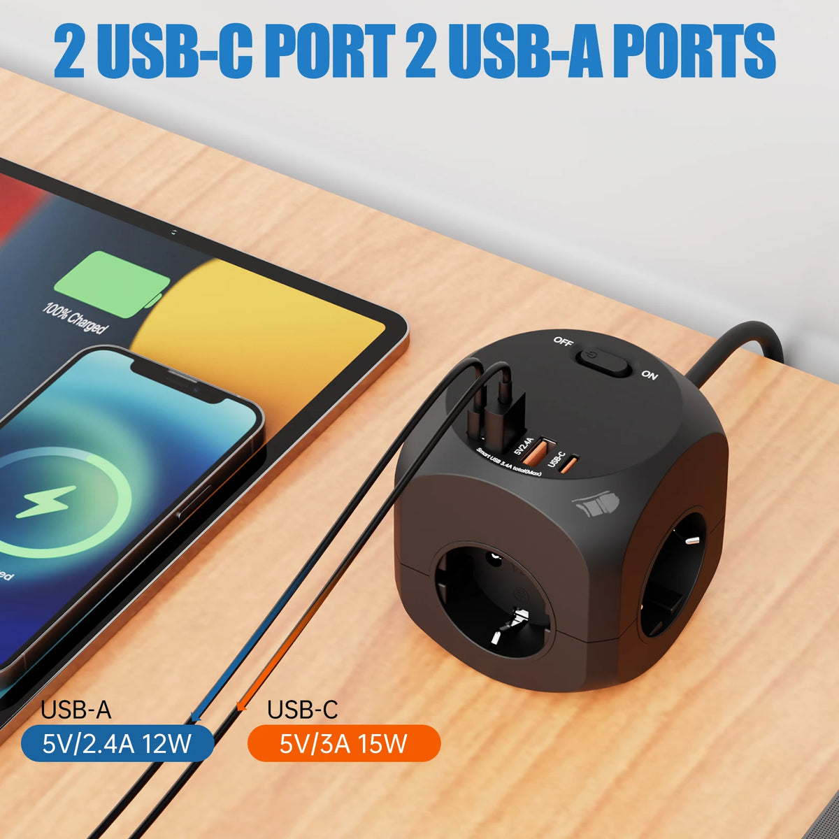 EU Wall Socket Power Hub – 4 AC Outlets + 4 USB (2 USB-C) Smart Fast Charging Compact Travel Plug