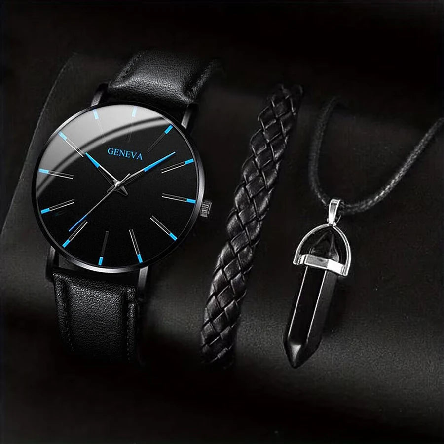 3-Piece Men's Leather Band Quartz Watch Set – 41mm Case, Necklace & Bracelet