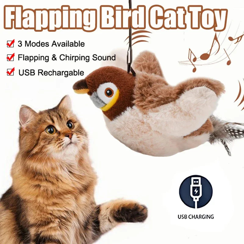 Rechargeable Interactive Cat Toy, Chirping Flapping Plush Bird with Catnip — Touch-Activated for Indoor Cats