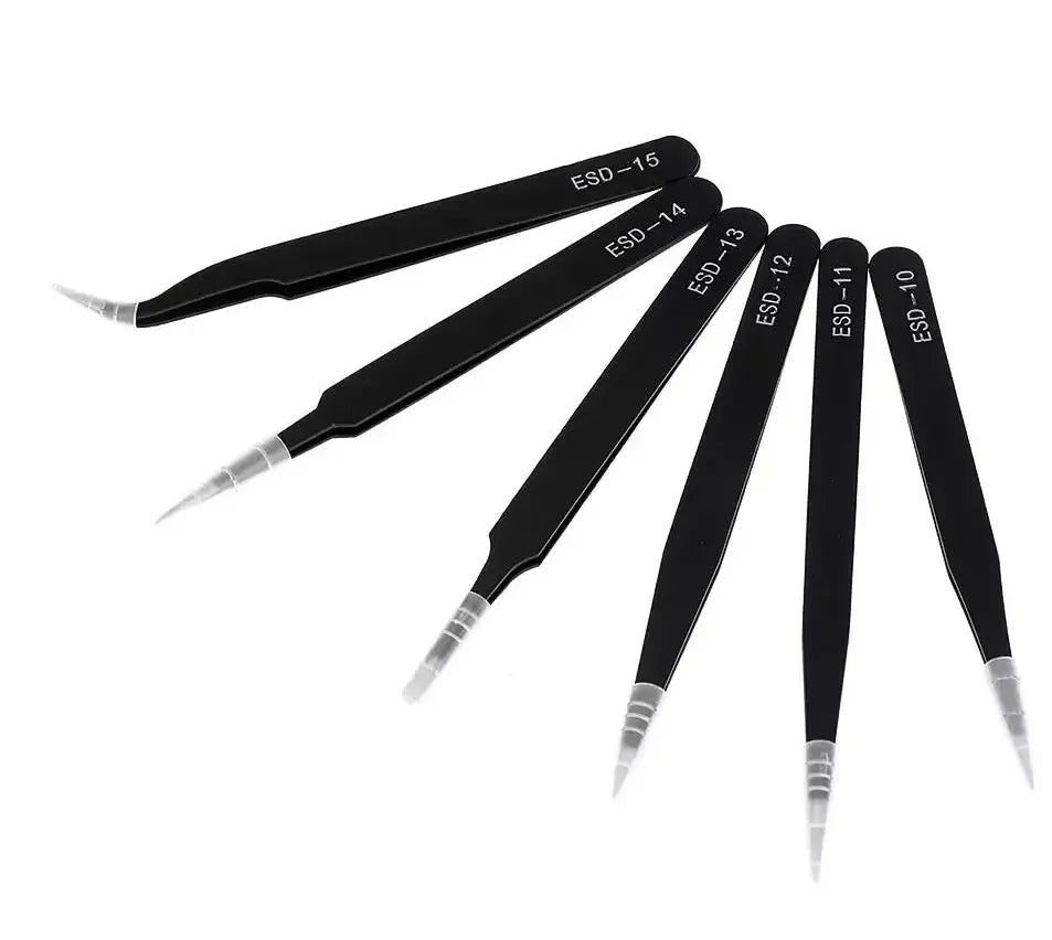 Antistatic Stainless Steel Precision Tweezers Set - 6-Piece Curved & Straight Tools for Electronics, Model Making & Repairs
