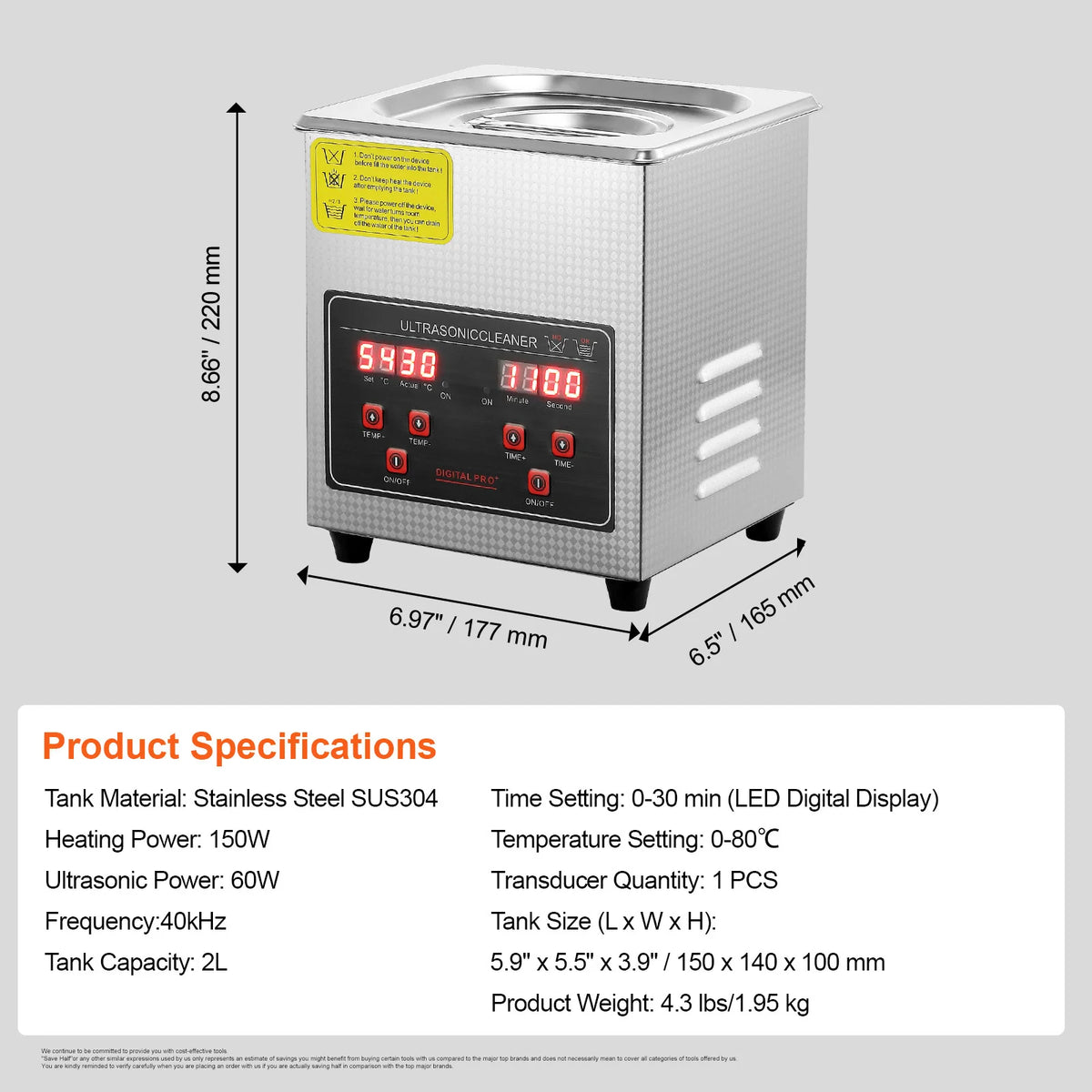 Stainless Steel Ultrasonic Cleaner — Portable Jewelry, Watch & Parts Washer (1.3–30L / 0.34–7.9 gal)