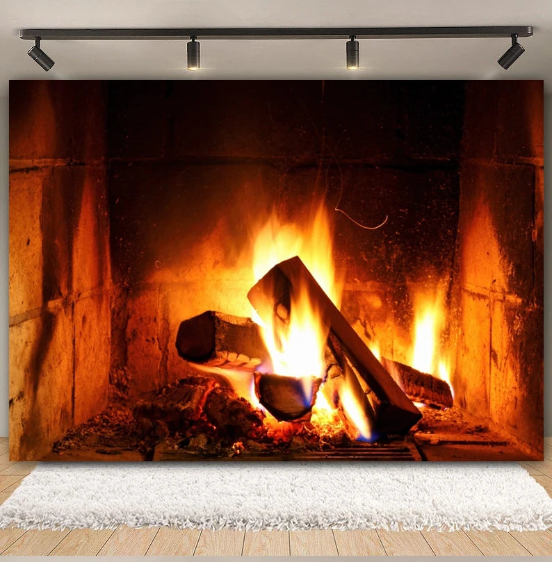 Christmas Fireplace Photography Backdrop - Burning Firewood Flame Brick Wall Photo Studio Background