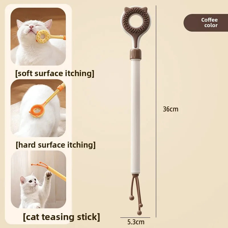 3-in-1 Retractable Cat Grooming Brush & Teaser Wand - Dual-Sided Massager for Cats & Kittens