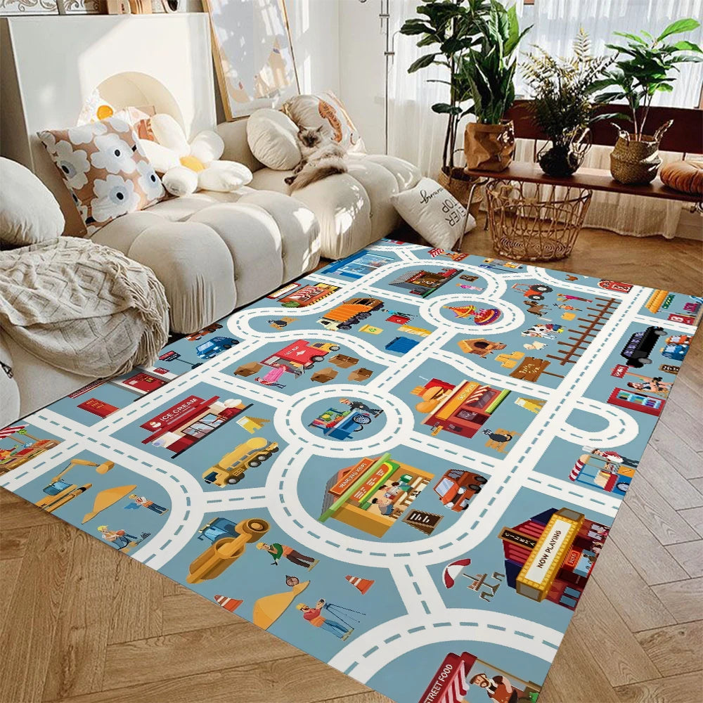 Kids Traffic Play Mat Rug — Non-Slip Highway Car Playmat for Boys & Girls, Flannel Play Rug for Playroom (40x60–120x160 cm / 16x24–47x63 in)