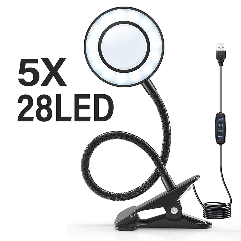 5X/10X LED Magnifying Glass with Light — 3 Color Modes, 10 Brightness Levels, 3.27-inch Glass Lens, Clip-On & Stand for Reading, Crafting, Manicure