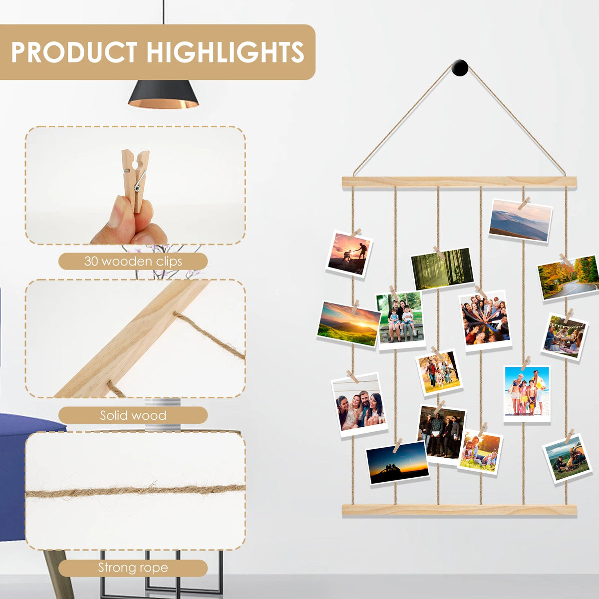 Wooden Hanging Photo Collage Frame with 30 Clips – Wall Photo Display, Approx. 50 cm x 95 cm (19.7 in x 37.4 in)