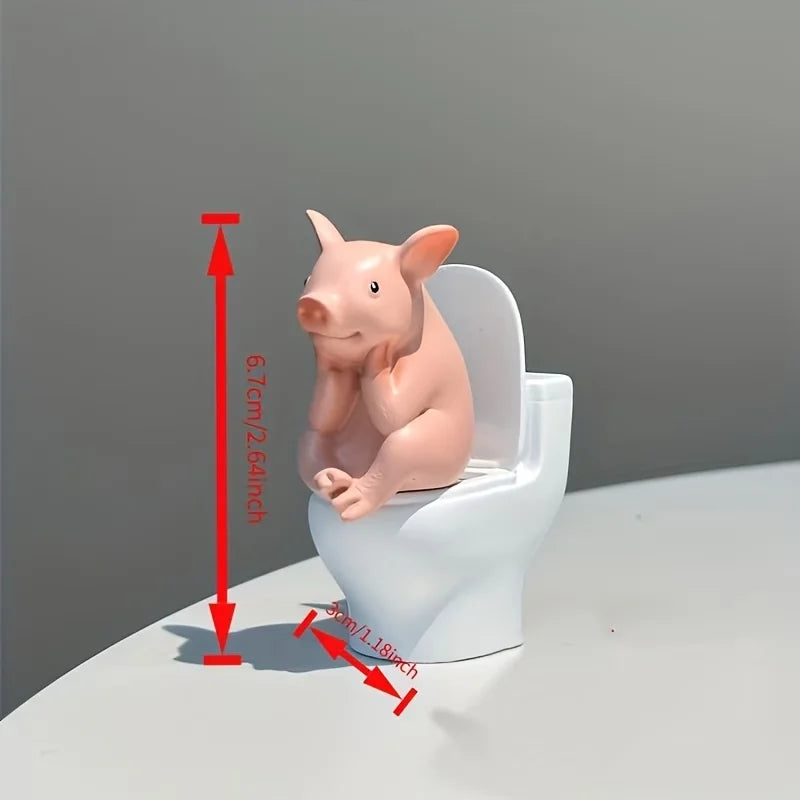 Resin Pig Figurine on Toilet - Quirky Desk, Shelf & Wall Decor for Home Office