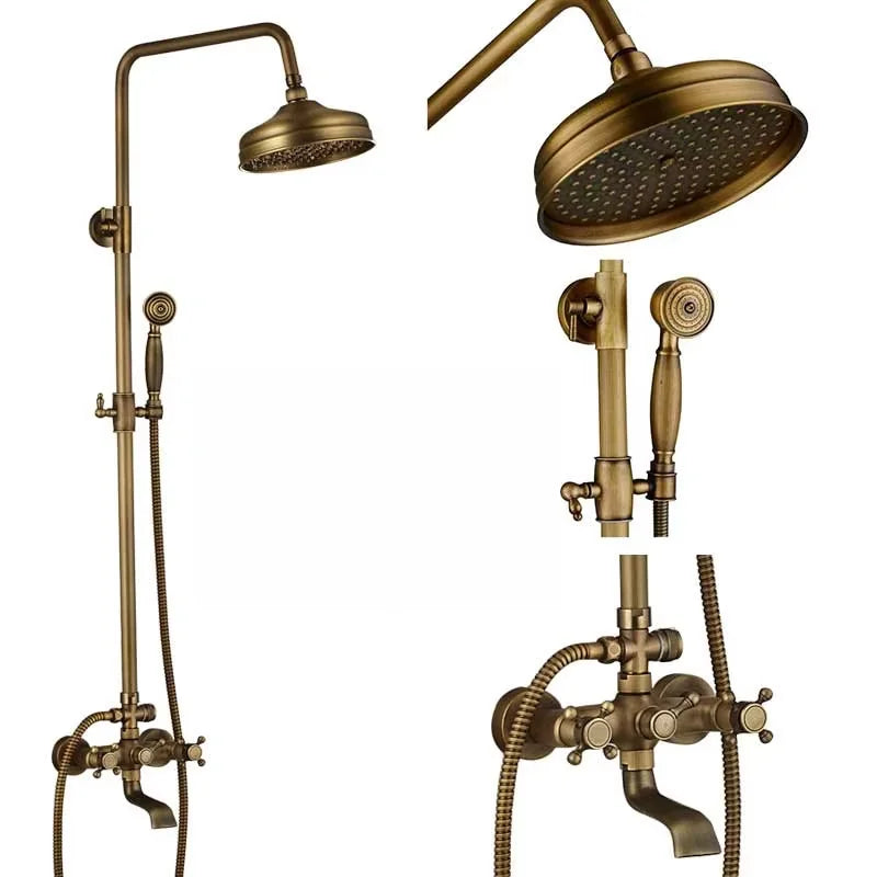 Antique Brass Wall-Mount Shower System with 8-inch (20 cm) Rainfall Head & Hand Shower, Adjustable 27.5–47.2 in (70–120 cm)