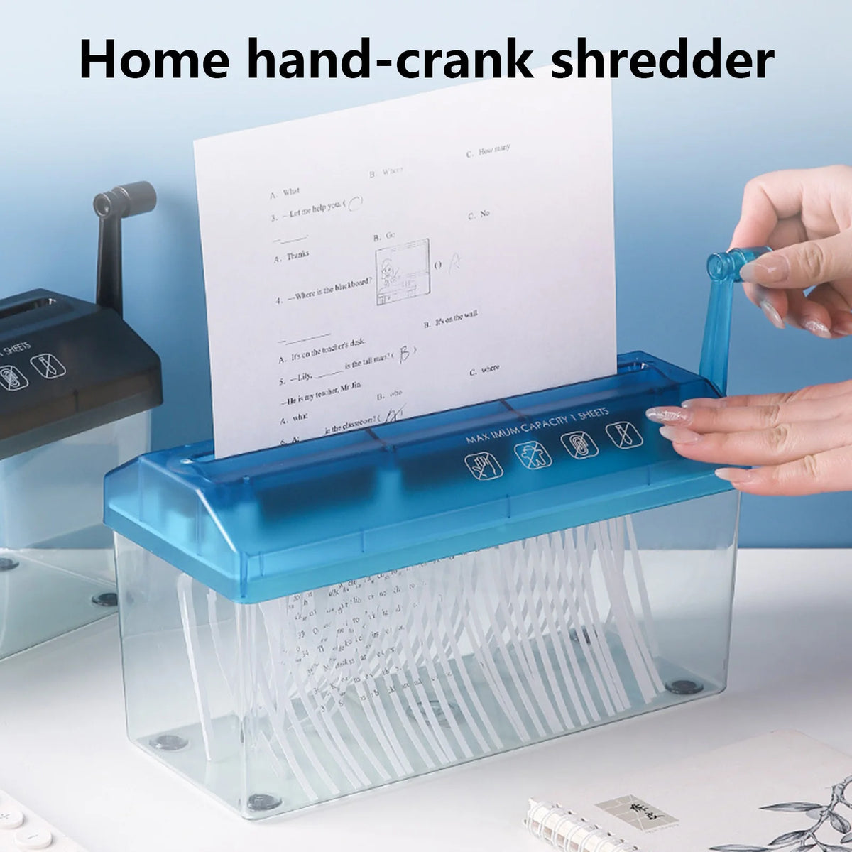 Portable Mini Hand Crank Paper Shredder - Transparent Manual Strip-Cut Document & Card Shredder for Home Office