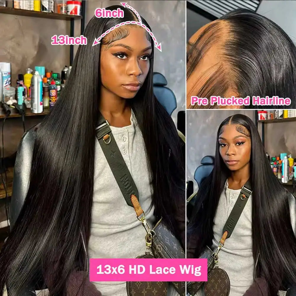 40–42 in (102–107 cm) Bone Straight Human Hair Wig, 13x4 & 13x6 HD Lace Frontal, Glueless Remy Brazilian