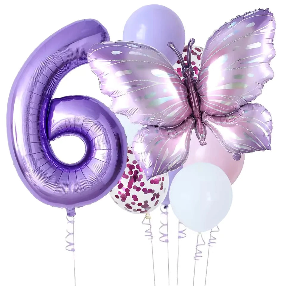 10-Pack Purple Butterfly & Number Foil Balloon Set 32-inch (81 cm) Party Decorations for Baby Shower, Birthday, Wedding, Christmas