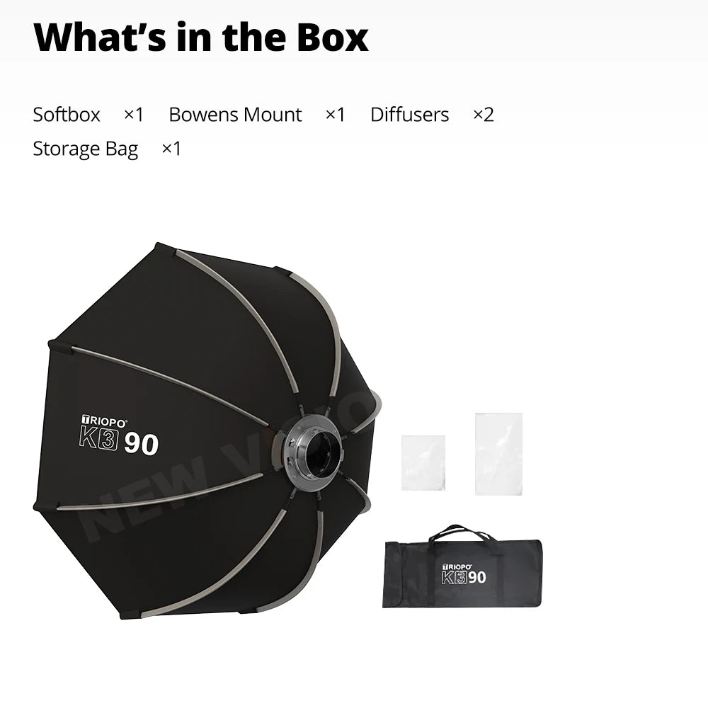 Quick-Setup Octagon Softbox with Bowens Mount — 55/65/90/120cm (21.7/25.6/35.4/47.2 in) for Studio LED Video Lights