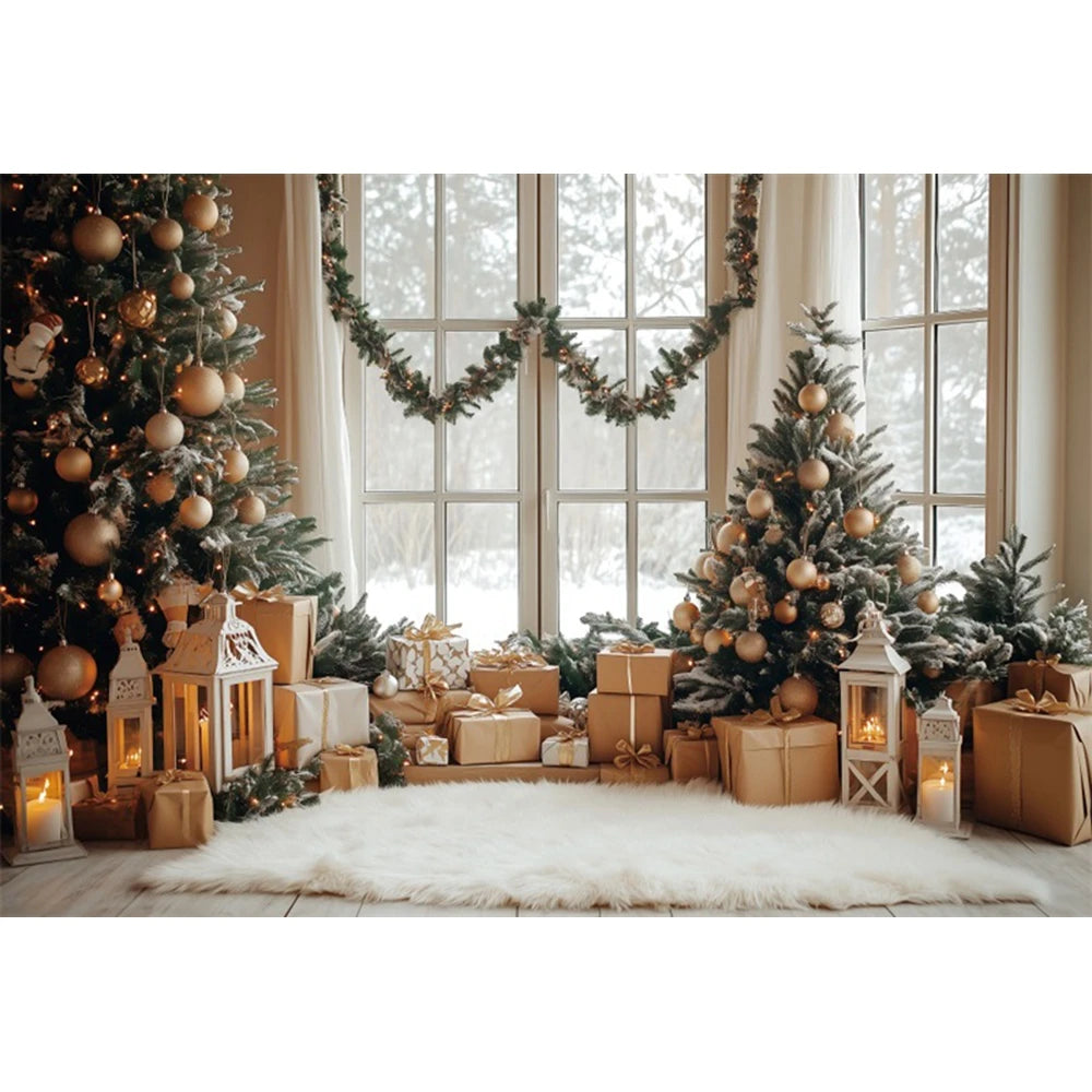 Christmas Fireplace Photography Backdrop — Gingerbread House & Wooden Window Holiday Photo Background for Kids & Family