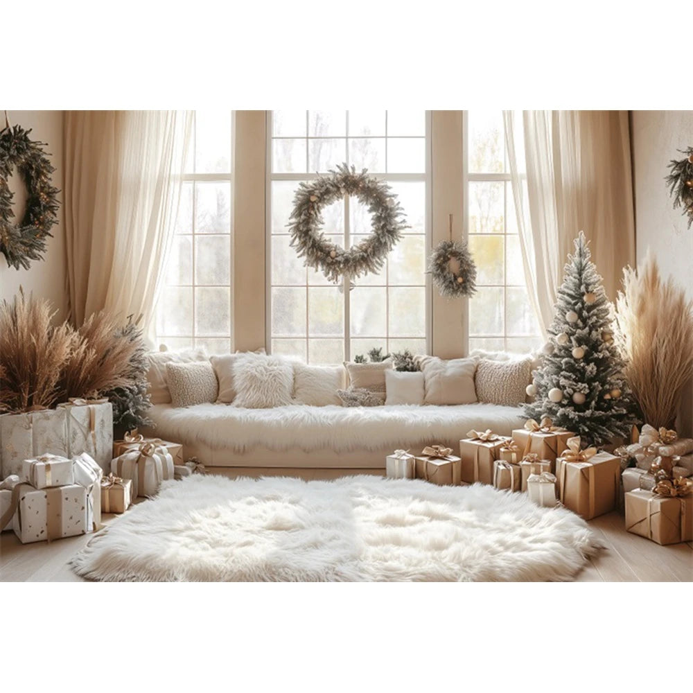 Christmas Fireplace Photography Backdrop — Gingerbread House & Wooden Window Holiday Photo Background for Kids & Family