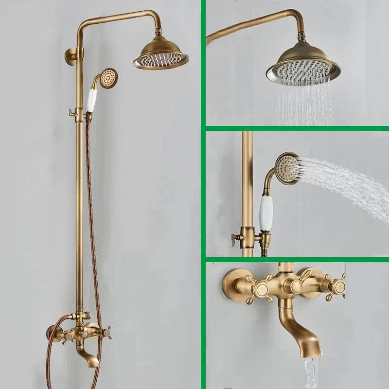Antique Brass Wall-Mounted Rainfall Shower Set with 8-Inch Shower Head, Handheld & Shelf - Dual Handle Mixer Tap