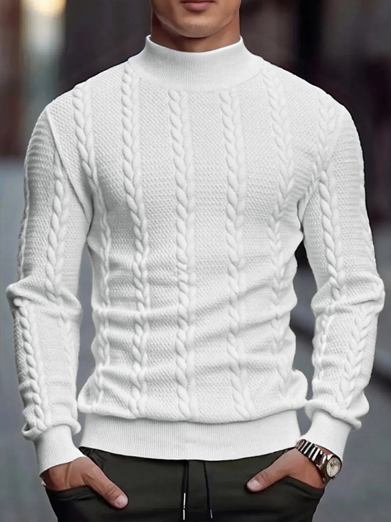 Men's High Collar Knit Sweater - Slim Fit Vintage Twist Turtleneck Pullover, Warm Winter Knitwear