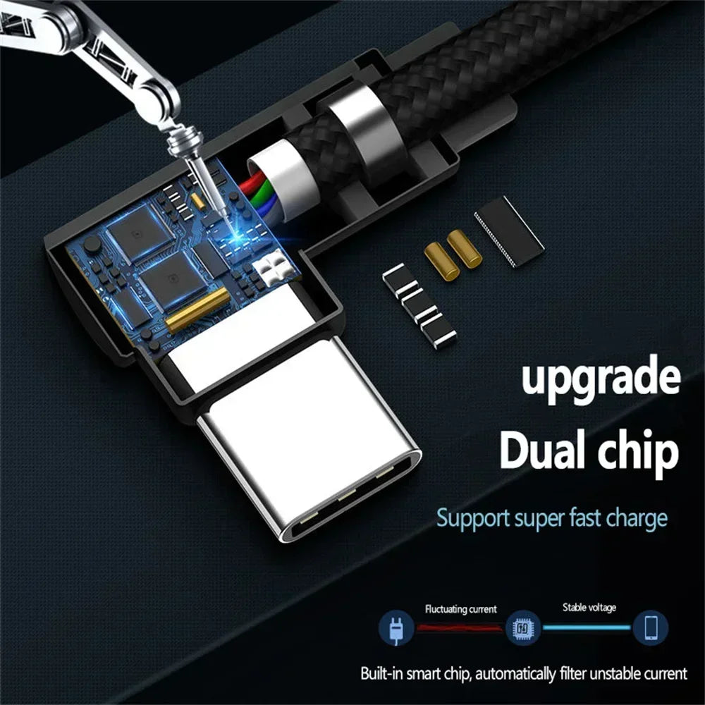 40W 5A USB-A to USB-C Fast Charging Braided Right-Angle Cable — 90° Data & Phone Charger for iOS and Android Smartphones