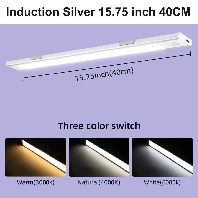 FanzyMarket LED motion sensor cabinet light, 15.7-inch dimmable wireless night lamp with 3 color temperatures for kitchen or wardrobe.