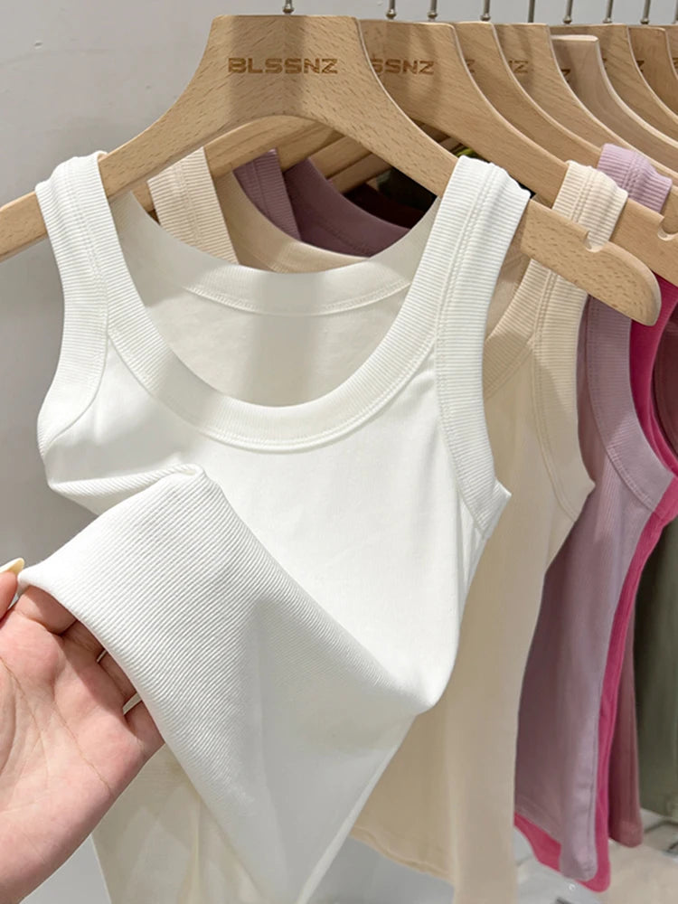 Women's Ribbed Round Neck Tank Top O-Neck Camisole Elastic Summer Basic Solid Tank