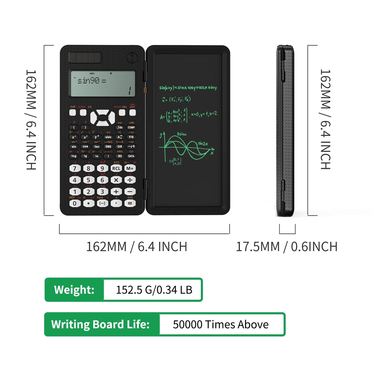 FanzyMarket scientific calculator with 6.5-inch writing tablet, solar and battery power, foldable design for students and office use