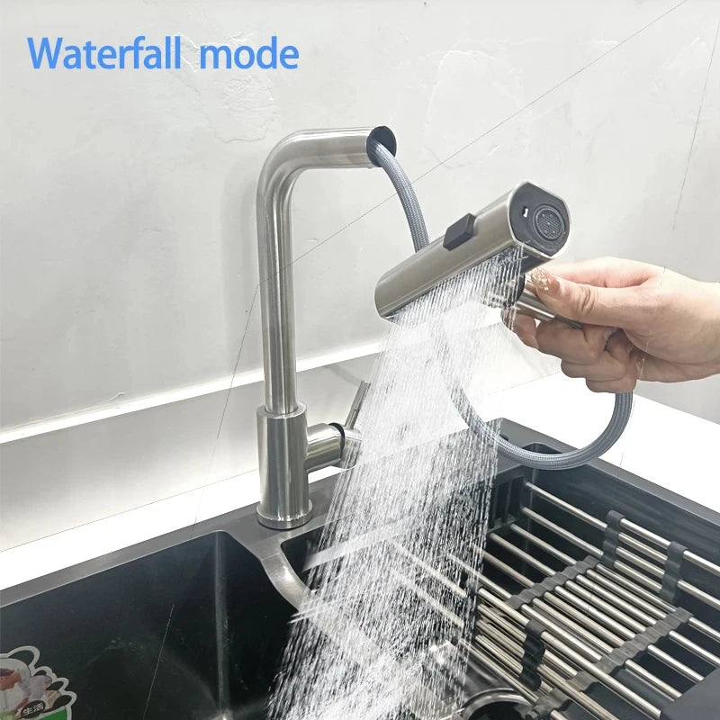 Grey/Silver Pull-Out Kitchen Faucet - Stainless Steel Deck-Mount Mixer with Retractable Spout, Single-Handle Hot & Cold, Stream/Shower Spray