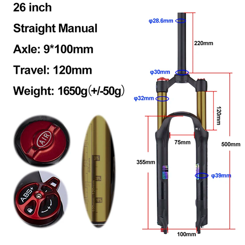 MTB Air Suspension Fork — 120mm Travel, Rebound Adjustable, 26/27.5/29 in, 9x100mm Quick Release, Disc Brake Compatible