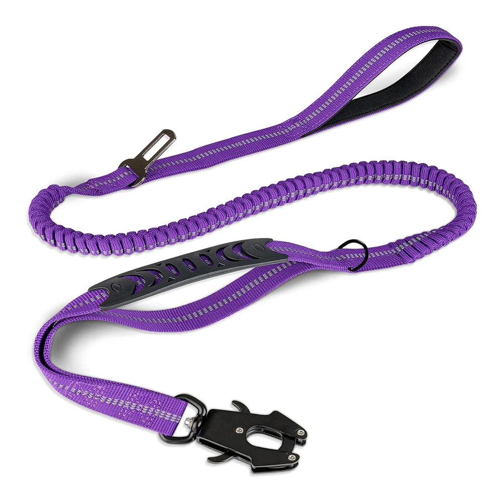 Tactical Heavy-Duty Dog Leash, 4–6 ft (120–180 cm) Shock-Absorbing Bungee with 2 Padded Handles, Metal Carabiner & Seatbelt Clip