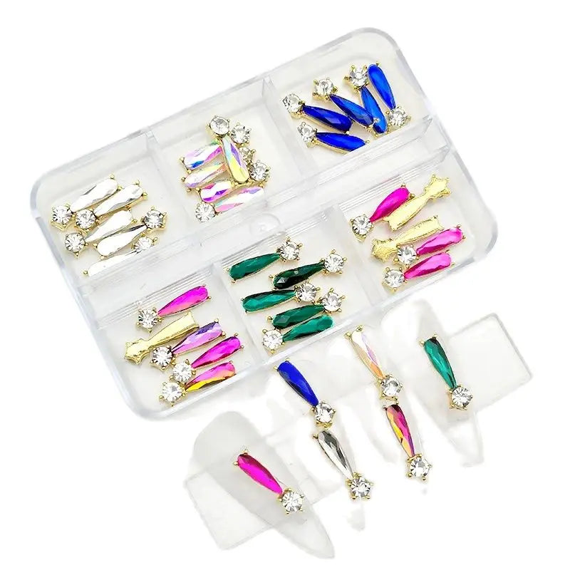 6-Grid Nail Rhinestone Kit – Saturn, Planet & Cross Crystal Nail Charms for Nail Art