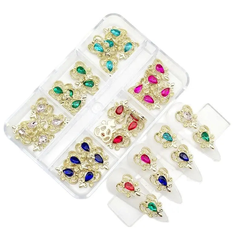 6-Grid Nail Rhinestone Kit – Saturn, Planet & Cross Crystal Nail Charms for Nail Art