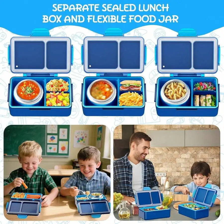 Kids Bento Lunch Box — 12 oz (355 ml) Stainless Steel Soup Thermos, 3-Compartment Leak-Proof Container with Built-In Ice Pack