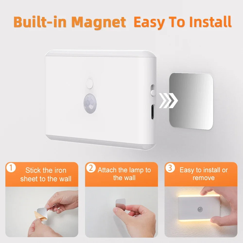 LED Motion Sensor Night Light — 3-Mode Dimmable Rechargeable Wall Lamp for Bedroom, Stairs, Closet & Camping
