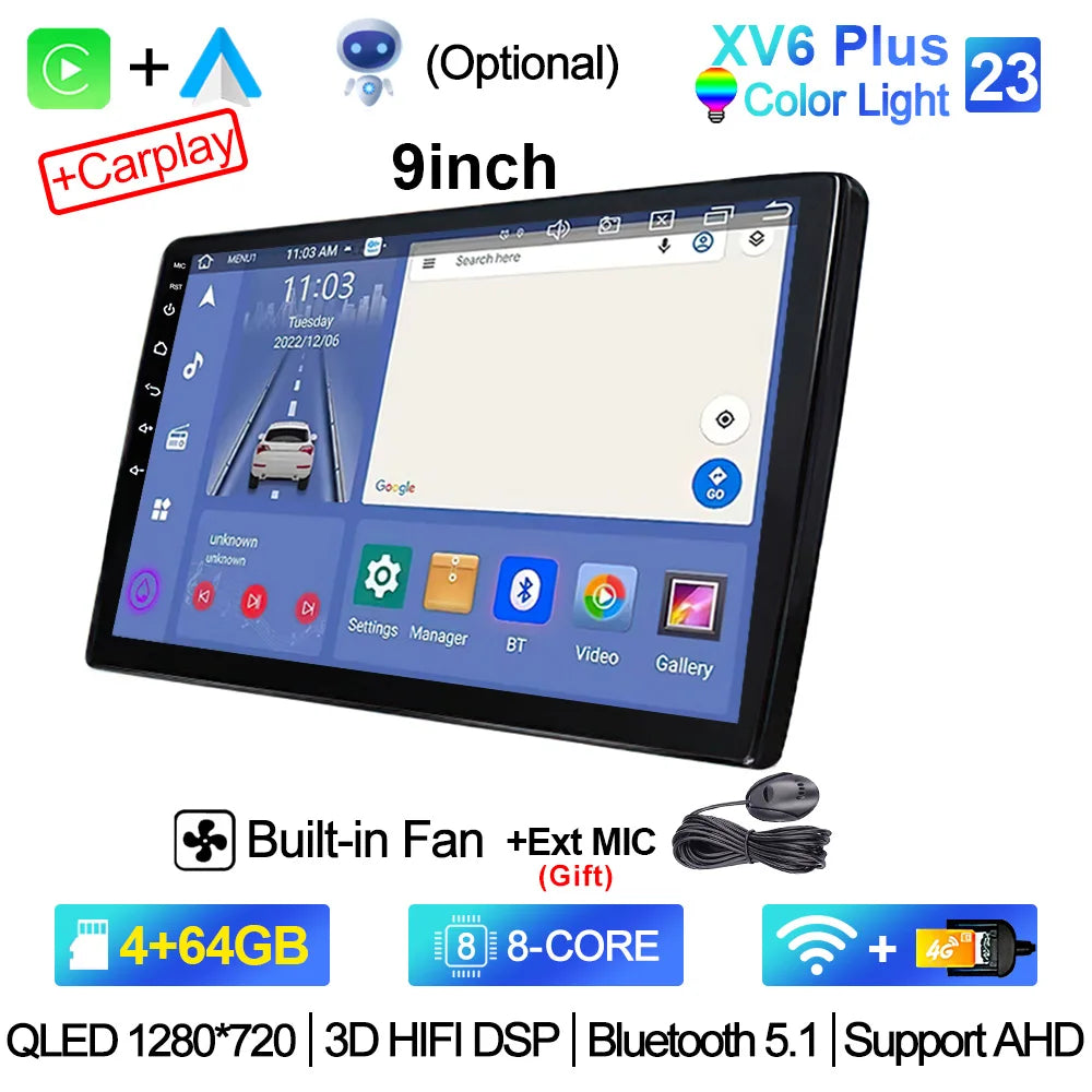 2-DIN Android Car Stereo - CarPlay & Android Auto, 7/9/10.1 inch (17.8/22.9/25.6 cm) QLED GPS, 8-Core CPU, DSP, WiFi & 4G, 6GB/128GB