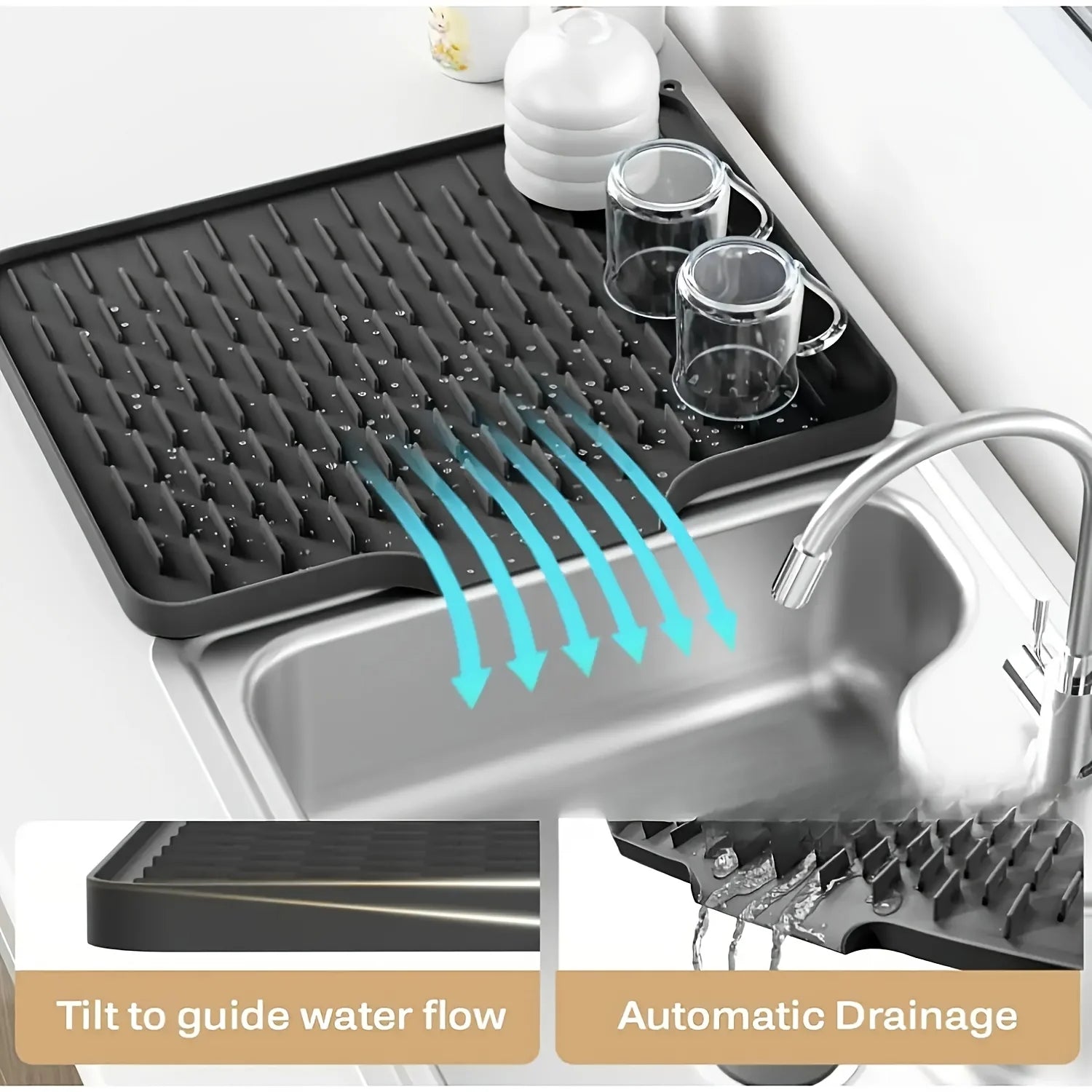 Kitchen Silicone Drain Mat for Countertops, Sinks & Refrigerators, Built-In Drainage, Easy to Clean
