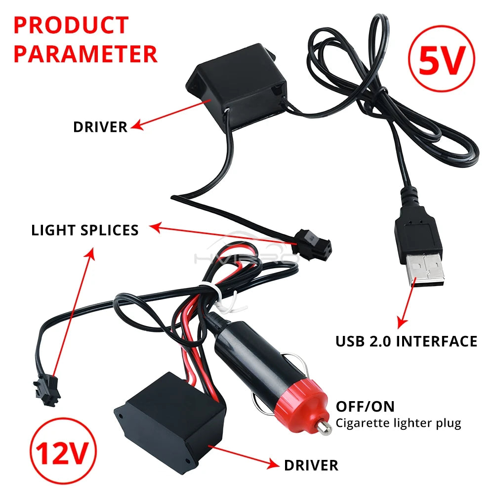 Car Interior LED Strip Light 1/2/3/5M – Flexible Neon Rope USB & 12V Ambient Door Dashboard Lighting