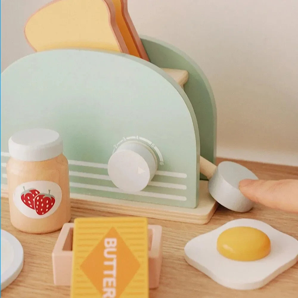 Wooden Toy Toaster Play Kitchen Set – Pretend Bread Machine Kit for Kids, Educational Breakfast Playset, Gift for Boys & Girls