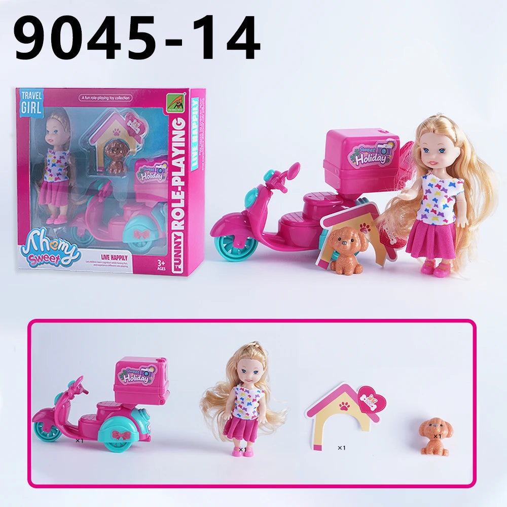 Mini Fashion Doll Playset for Kids with Pet Dog & Convertible Car — Dollhouse Kitchen & Seaside Restaurant Accessories