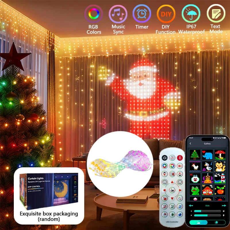 Smart RGB LED Curtain String Lights – App & Remote Control, Music Sync DIY Animated Curtain Lights for Indoor/Outdoor Christmas & Party Decor