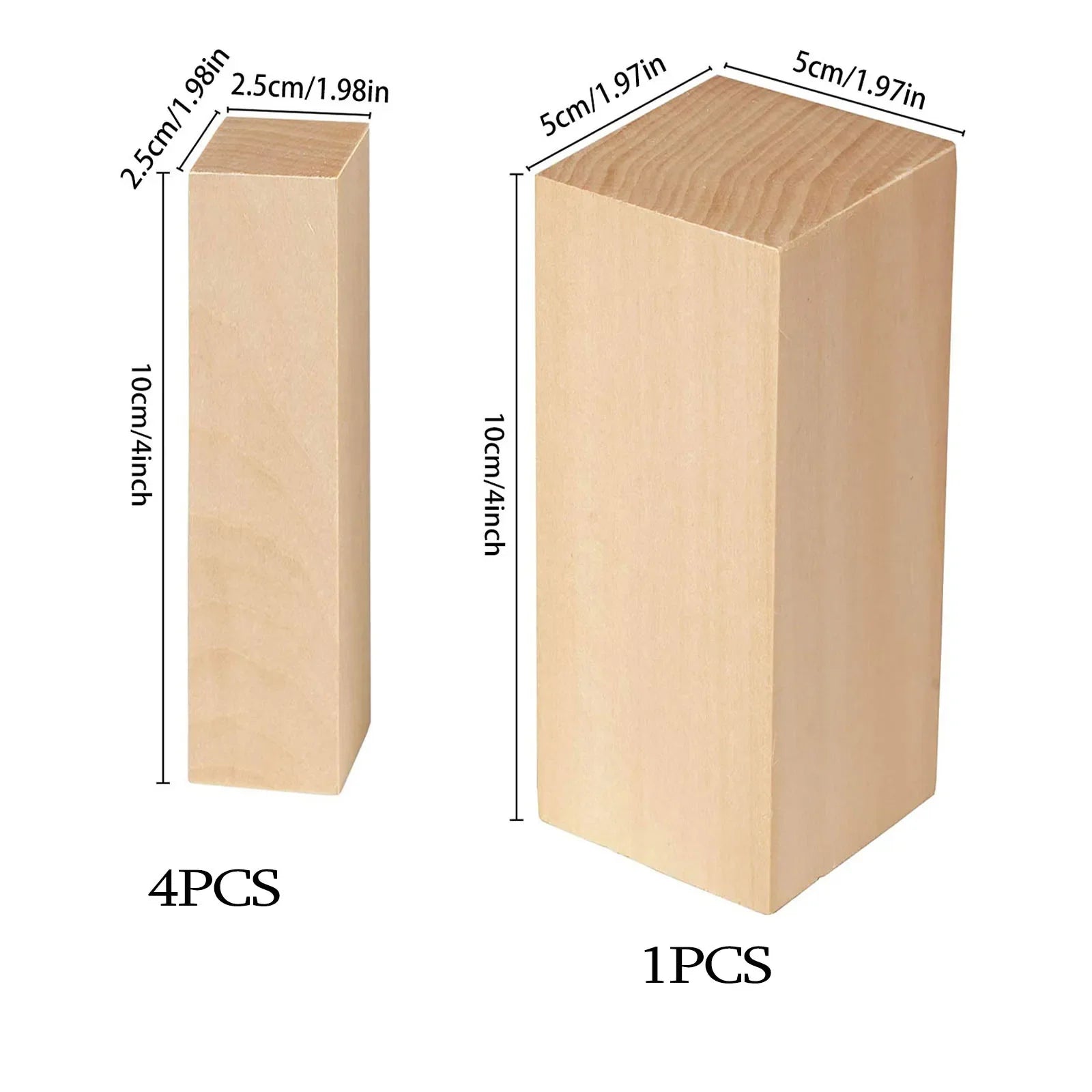 5-Piece Basswood Carving Block Set — 1 block 4×2×2 in (10×5×5 cm) + 4 blocks 4×1×1 in (10×2.5×2.5 cm) Unfinished Wood for Carving, Whittling & DIY Crafts