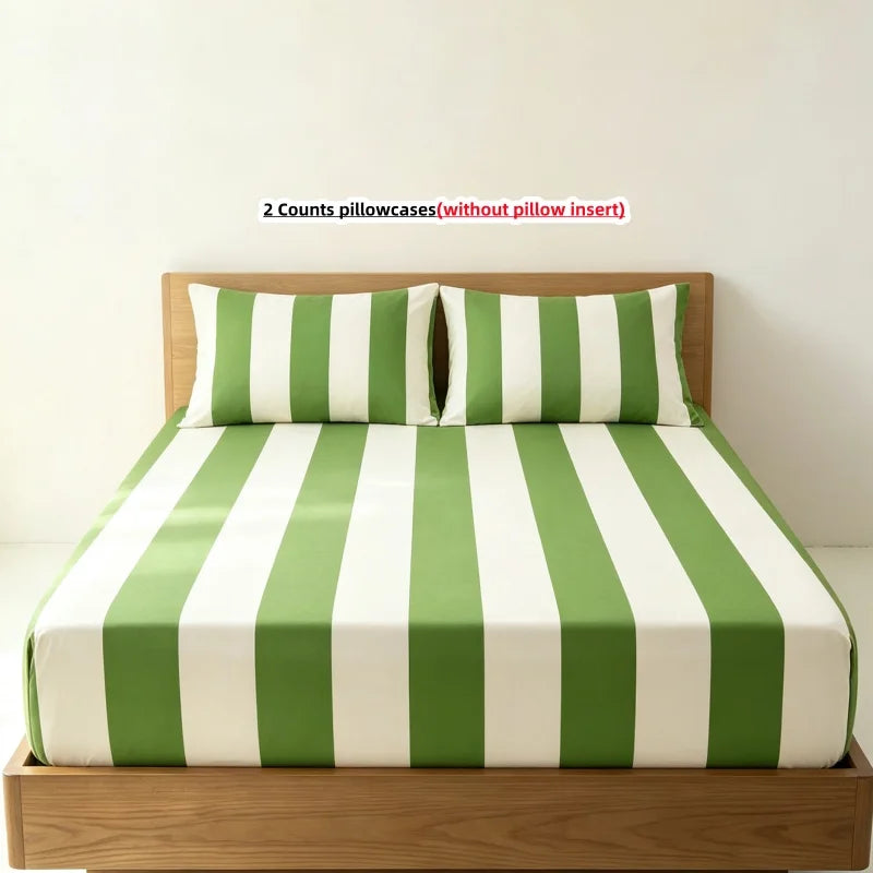 3-Piece Striped Fitted Sheet Set with Elastic Anti-Slip Skirt — 1 Fitted Sheet + 2 Pillowcases, Multiple Sizes (100–220 cm / 39–87 in)