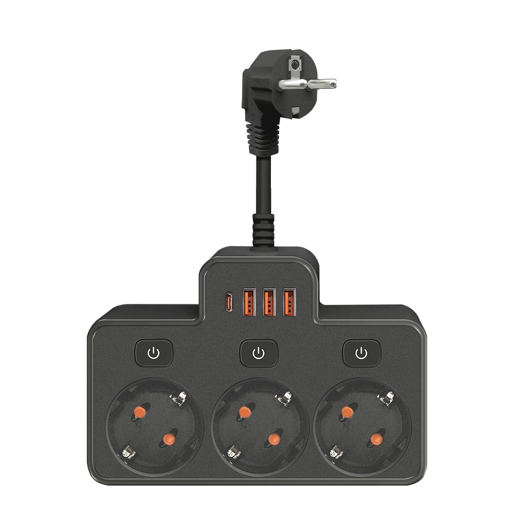EU Wall-Mounted Power Strip — 3 AC Outlets + 4 USB Ports, Independent Switches, 0.5 m (20 in) Cord